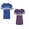 thumbnail image 1 of I Like Her Butt his Beared Unisex Couple Matching Cotton Jersey style T-Shirt Contrasting stripes on sleeves (Men Royal / Women Purple) (Men S / Women XL), 1 of 3