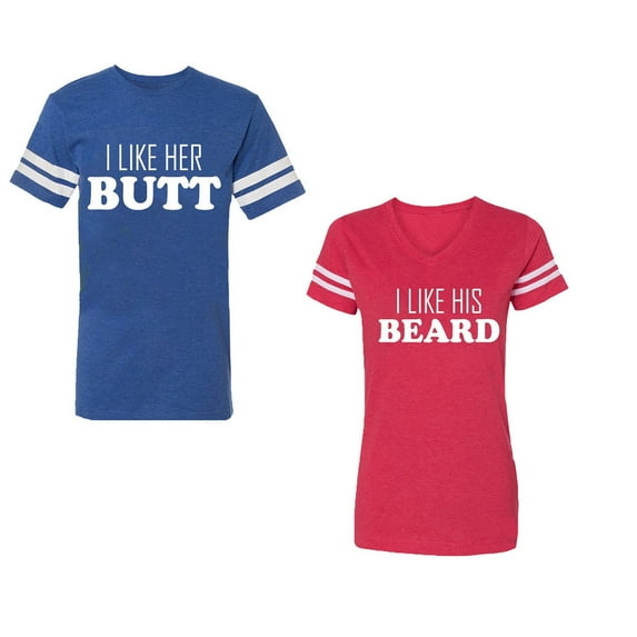 I Like Her Butt his Beared Unisex Couple Matching Cotton Jersey style T-Shirt Contrasting stripes on sleeves (Men Royal / Women Red) (Men M / Women XXL)