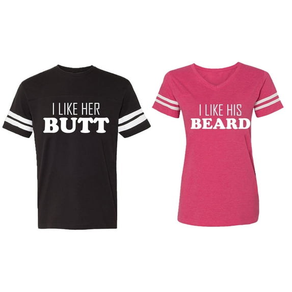 I Like Her Butt his Beared Matching Couple Cotton Jerseys (Men Black / Women Pink) (Men S / Women M)