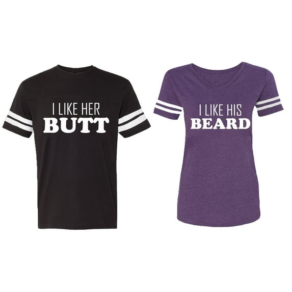 I Like Her Butt his Beared Matching Couple Cotton Jerseys (Men Black / Women Purple) (Men XXXL / Women XXL)