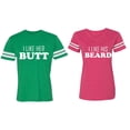 thumbnail image 1 of I Like Her Butt his Beared Matching Couple Cotton Jerseys (Men Green / Women Pink) (Men L / Women XXL), 1 of 3