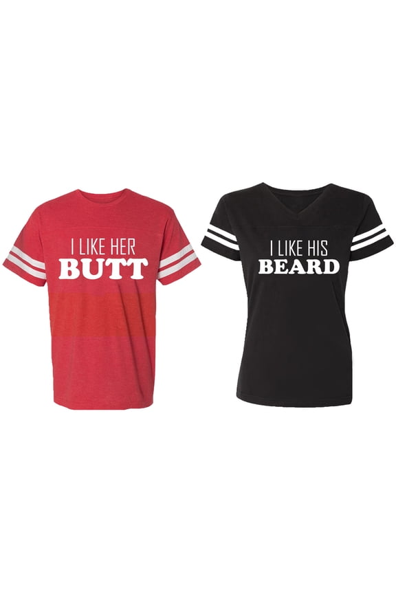 I Like Her Butt his Beared Matching Couple Cotton Jerseys (Men Red / Women Black) (Men M / Women M)