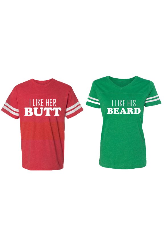 I Like Her Butt his Beared Matching Couple Cotton Jerseys (Men Red / Women Green) (Men XL / Women XXL)