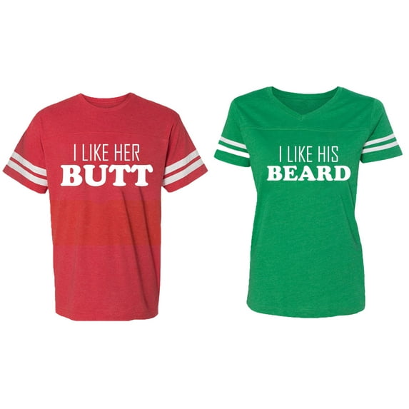 I Like Her Butt his Beared Matching Couple Cotton Jerseys (Men Red / Women Green) (Men XXL / Women S)