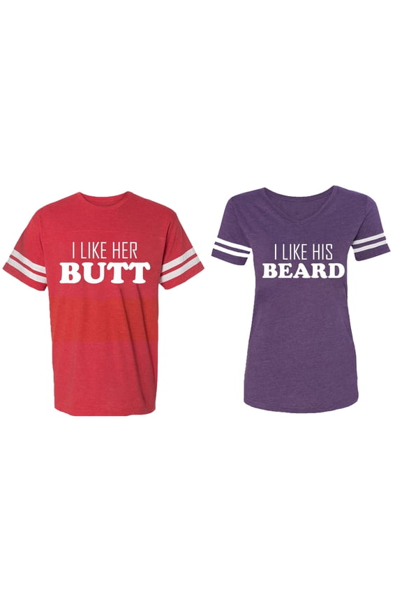 I Like Her Butt his Beared Matching Couple Cotton Jerseys (Men Red / Women Purple) (Men L / Women XXL)