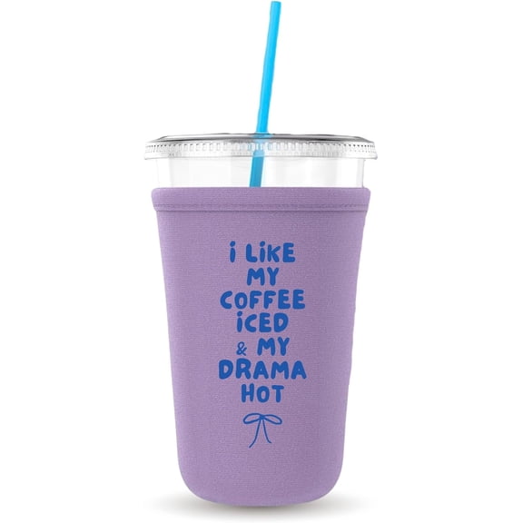 I Like My Coffee Iced & My Drama Hot, Neoprene Iced Coffee Cup Cooler, Gift and Party Favor Drinkware Ideas, Cold Drink Sleeve (Lavender)