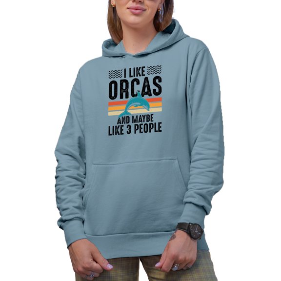 I Like Orcas and Maybe 3 People, Introvert Orca Lover, Light Blue Hooded Sweatshirt or Hoodie, Large