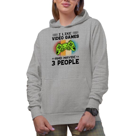 I Like Video Games and Maybe 3 People, Gamer or Gaming Enthusiast, Heather Grey Hooded Sweatshirt or Hoodie, 3XL