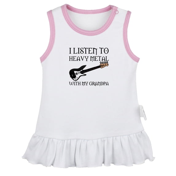 I Listen To Heavy Metal With My Grandpa Novelty Dresses For Baby, Newborn Babies Skirts, Infant Princess Dress, 0-24M Kids Graphic Clothes (White Sleeveless Dresses, 6-12 Months)