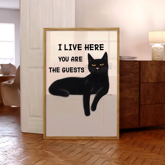 I Live Here Black Cat Wall Art Print, Unframed Paper Poster 8x10in