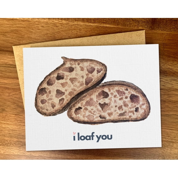 I Loaf You Greeting Card, Watercolor Bread Slices Illustration for Anniversary, Valentine's Day, Romantic Note for Partner, Includes Kraft Envelope