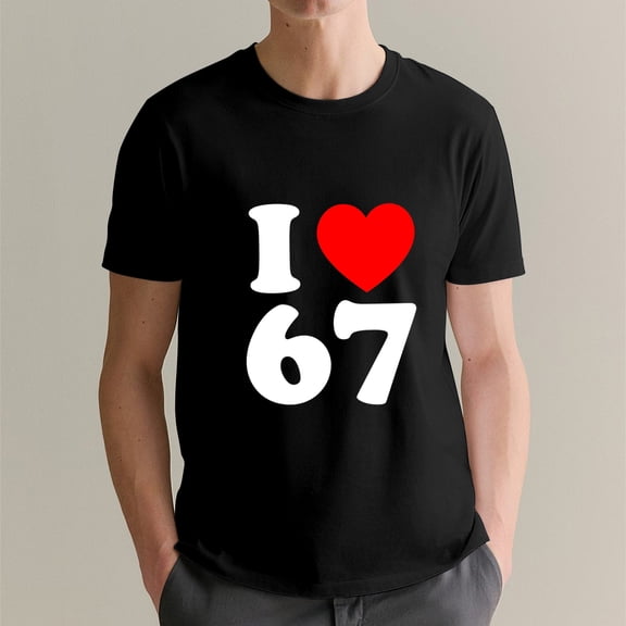 I Love 67 Heart Print Casual Tee For Men Women Birthday Gift Party Wear 3XL OdeJous Cotton Black