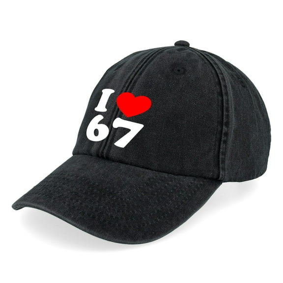 I Love 67 Heart Print Casual Washed Baseball Cap Distressed Denim Cotton Dad Hat Adjustable Polo Trucker Unisex Style Hat Black