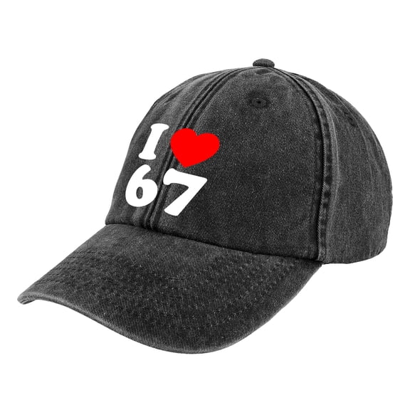 I Love 67 Heart Print Casual Washed Baseball Cap Distressed Denim Cotton Dad Hat Adjustable Polo Trucker Unisex Style Hat Black