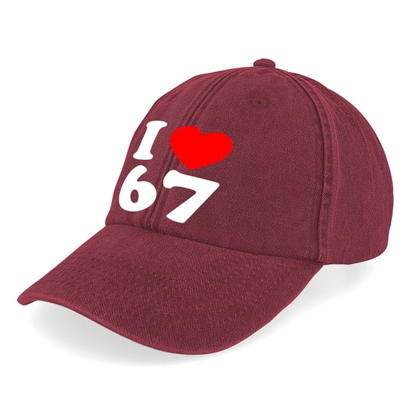 I Love 67 Heart Print Casual Washed Baseball Cap Distressed Denim Cotton Dad Hat Adjustable Polo Trucker Unisex Style Hat Wine Red