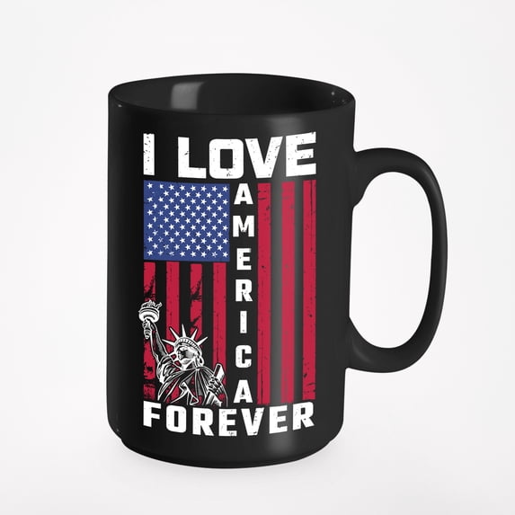 I Love America Forever with USA Flag, Black 15oz Ceramic Mug