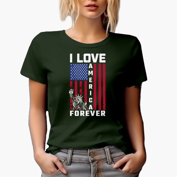 I Love America Forever with USA Flag, Military Green T-Shirt, 2XL