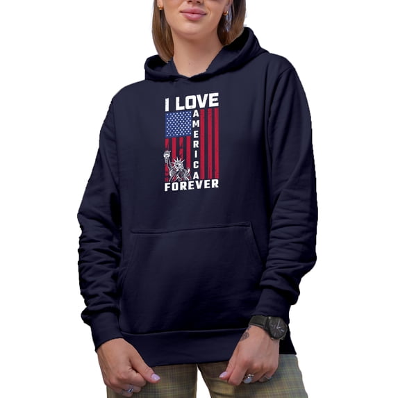 I Love America Forever with USA Flag, Navy Blue Hooded Sweatshirt or Hoodie, Small