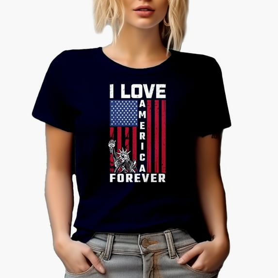 I Love America Forever with USA Flag, Navy Blue T-Shirt, Medium