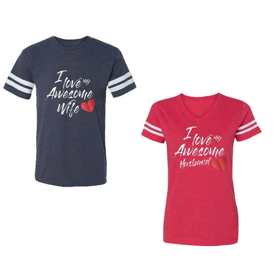 I Love My Awesome Husband Wife Unisex Couple Matching Cotton Jersey style T-Shirt Contrasting stripes on sleeves (Men Navy / Women Red) (Men XXXL / Women XXL)