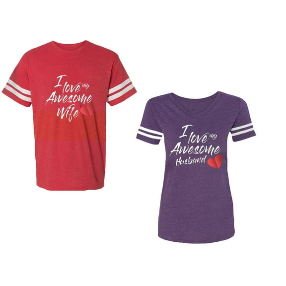 I Love My Awesome Husband Wife Unisex Couple Matching Cotton Jersey style T-Shirt Contrasting stripes on sleeves (Men Red / Women Purple) (Men L / Women XXL)