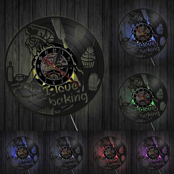 I Love Baking Quote Wall Clock Decorative Kitchen Clock Cooking Art Wall Decor Girl with Rolling Pin Cake Dessert Vintage Clock