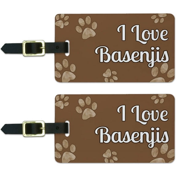 I Love Basenjis Brown with Paw Prints Luggage Suitcase Carry-On ID Tags, Set of 2