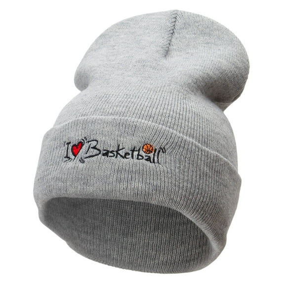 I Love Basketball Embroidered 12 Inch Long Knitted Beanie - Heather Grey OSFM