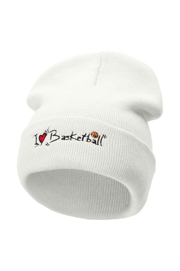 I Love Basketball Embroidered 12 Inch Long Knitted Beanie - White OSFM
