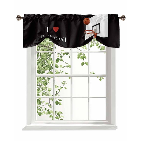 I Love Basketball Tie Up Valances Curtain, Adjustable Kitchen Black Simple Sports Theme Basketball Hoop Valances for Windows Decor, Rod Pocket Short Curtains Set for Bedroom/Bathroom, 54"x18"