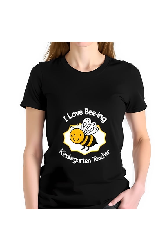 I Love Bee-ing a Kindergarten Teacher Cotton Short Sleeve T-Shirt with Cute Cartoon Bee Design