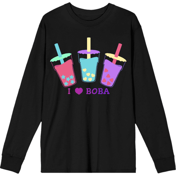 I Love Boba Adult Black Crew Neck Long Sleee Tee-3XL