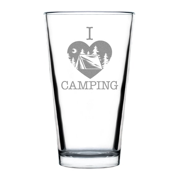 I Love Camping Pint Glass, Hand Engraved Etched s, 16oz Standard Outdoorsy Drinkware