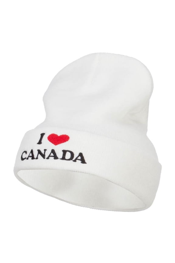 I Love Canada Embroidered Long Beanie - White OSFM