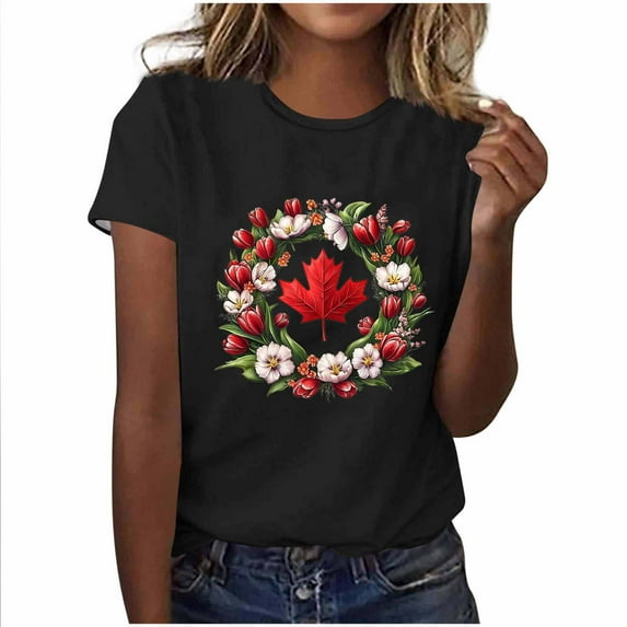 I Love Canada Graphic T-Shirt - Canadian Flag Heart Design | Women's Patriotic July 1st Short Sleeve Crew Neck Celebration Top