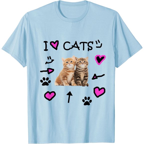 I Love Cats - Cat Lover Tee Shirt,Light Blue Color,Size L