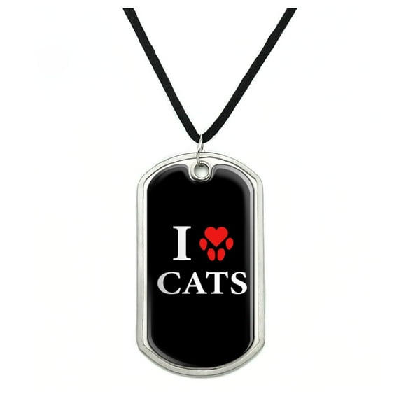 I Love Cats Heart with Paw Print Military Dog Tag Pendant Necklace with Cord
