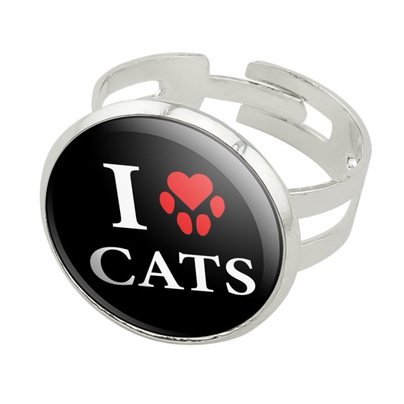 I Love Cats Heart with Paw Print Silver Plated Adjustable Novelty Ring