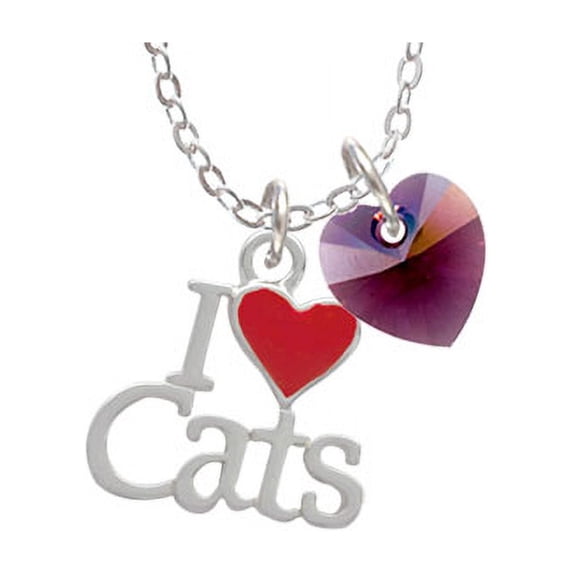 I Love Cats with Red Heart - Purple Crystal Heart Sophia Necklace, 18"+1"
