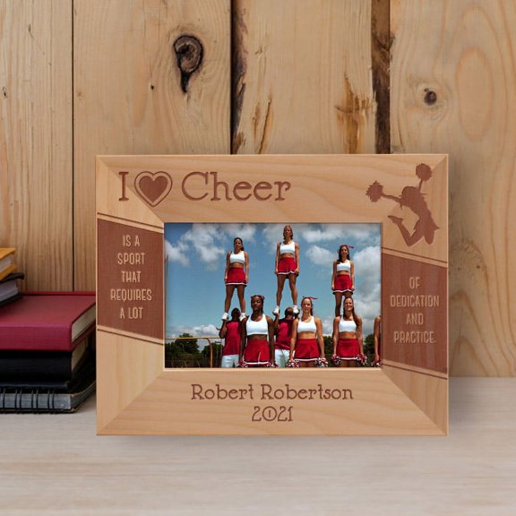 I Love Cheer Personalized Wooden Frame-5" x 3 1/2" Brown Horizontal