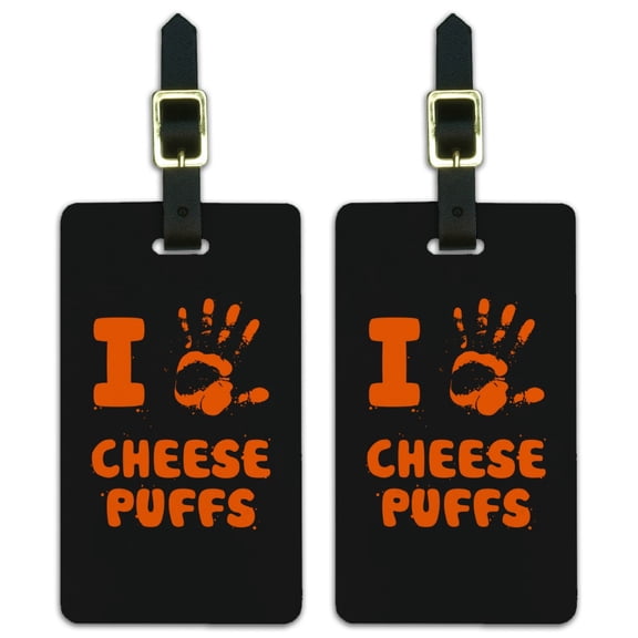 I Love Cheese Puffs Hand Print and Crumbs Funny Luggage ID Tags Suitcase Carry-On Cards - Set of 2