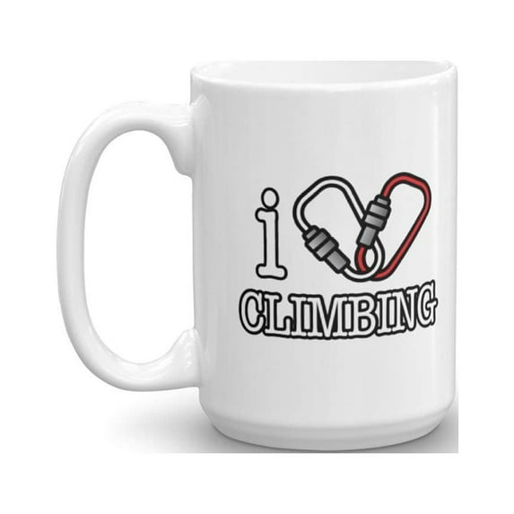 I Love Climbing With Heart Shaped Carabiner Clip Coffee & Tea Gift Mug, Birthday Gifts for Men & Women Climbers and Hikers (15oz)