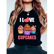I Love Cupcakes I Heart Cupcake Piece Sweet Cake Lover T-Shirt Graphic Tee summer Tops For Women Round Neck Fashion Cotton shirts