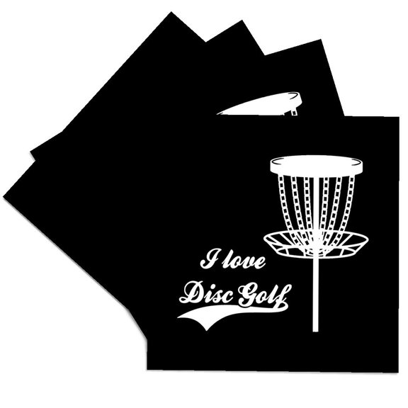 3drose, I Love Disc Golf with Disc Golf Basket. White on Black Background., Set of 4 Ceramic Tile Coasters