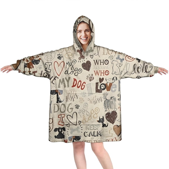 I Love My Dogs Art Wearable Oversized Blanket,Wearable Blanket Hoodie for Adults,Cozy Hooded Blankets with Super Pockets,Super Warm Fuzzy Pullover for Women & Men