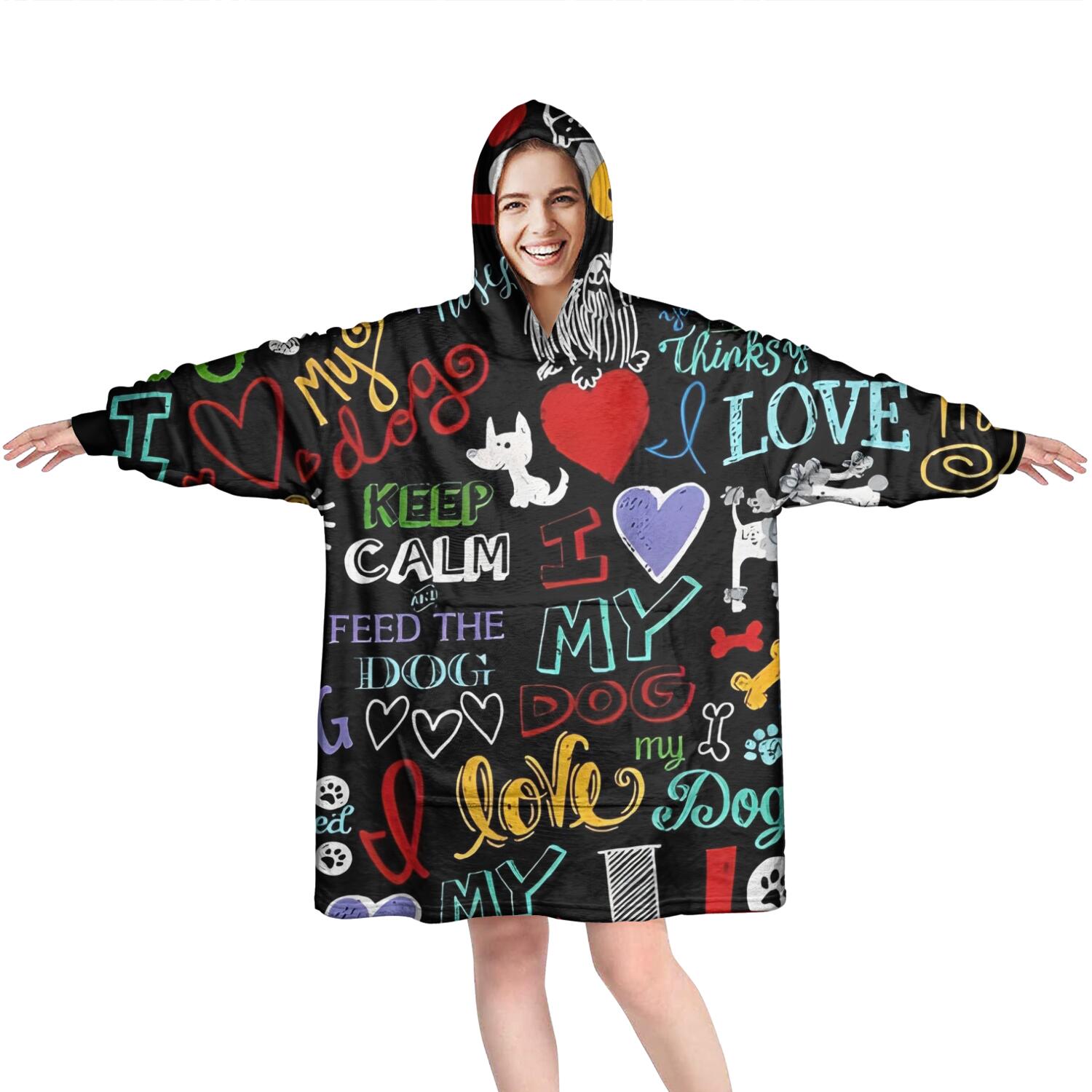 I Love My Dogs Art Wearable Oversized Blanket,Wearable Blanket Hoodie for Adults,Cozy Hooded Blankets with Super Pockets,Super Warm Fuzzy Pullover for Women & Men
