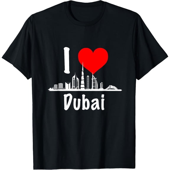 I Love Dubai UAE United Arab Emirates Skyscrapers Heart T-Shirt men and women can wear, black, white, gifts