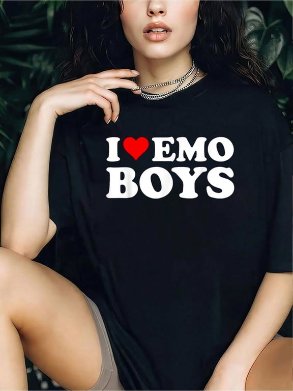 I Love Emo Boys I Heart Emo Boys Funny T-Shirt - 100% Cotton Women's Casual Short Sleeve Crew Neck T-Shirt For Spring & Summer - Comfortable, Relaxed Fit, Printed Graphic Tee For Sport Lovers