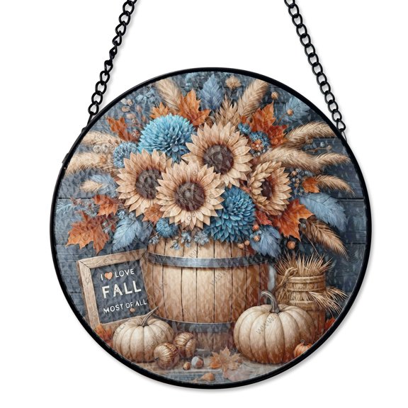 I Love Fall Most Of All Boho Style Stained Glass Style Suncatcher, UV Printed Glass Autumn Gift, Round