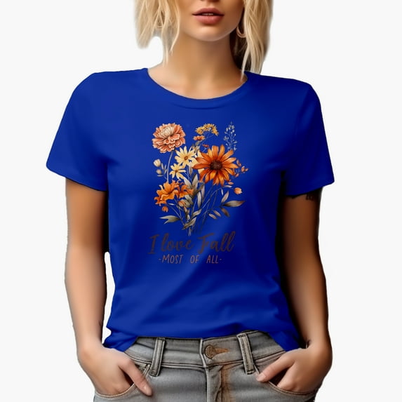 I Love Fall Most of All & Autumn Flowers Art Merch Gift, Royal Blue T-Shirt, Small